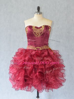 Sleeveless Organza Mini Length Lace Up Prom Gown in Wine Red with Embroidery and Ruffles