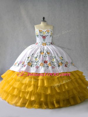 High Quality Floor Length Gold 15th Birthday Dress Sweetheart Sleeveless Lace Up