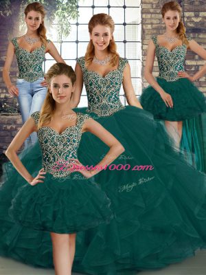 Peacock Green Lace Up Quinceanera Dress Beading and Ruffles Sleeveless Floor Length
