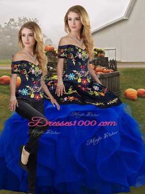 Admirable Blue And Black Lace Up Off The Shoulder Embroidery and Ruffles Ball Gown Prom Dress Tulle Sleeveless