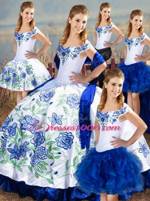 Lovely Blue And White Off The Shoulder Lace Up Embroidery and Ruffles Sweet 16 Quinceanera Dress Sleeveless