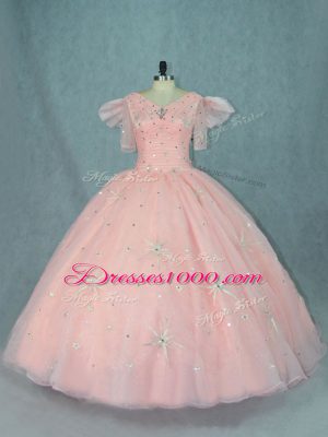 Floor Length Zipper Quinceanera Dresses Peach for Sweet 16 and Quinceanera with Beading