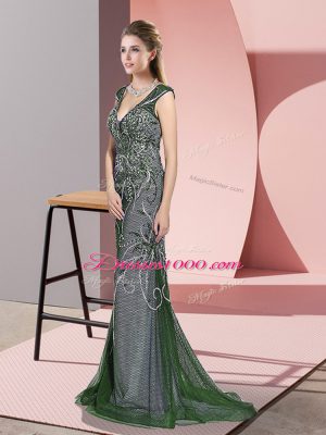 Beautiful Green Sleeveless Tulle Sweep Train Zipper Prom Gown for Prom and Party