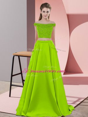 Elastic Woven Satin Sleeveless Prom Dress Sweep Train and Beading