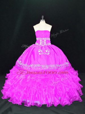 Fuchsia Ball Gowns Organza Strapless Sleeveless Embroidery and Ruffles Floor Length Lace Up 15th Birthday Dress
