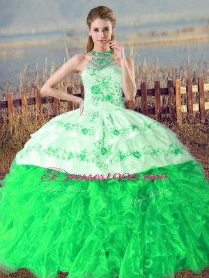 Custom Fit Court Train Ball Gowns 15 Quinceanera Dress Green Halter Top Organza Sleeveless Lace Up
