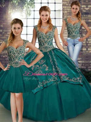 Inexpensive Teal Sleeveless Floor Length Beading and Embroidery Lace Up Sweet 16 Quinceanera Dress