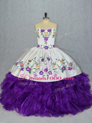 Graceful White And Purple Lace Up Sweetheart Embroidery and Ruffles Sweet 16 Quinceanera Dress Organza Sleeveless