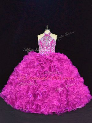 Sleeveless Floor Length Beading and Ruffles Lace Up Sweet 16 Dresses with Fuchsia
