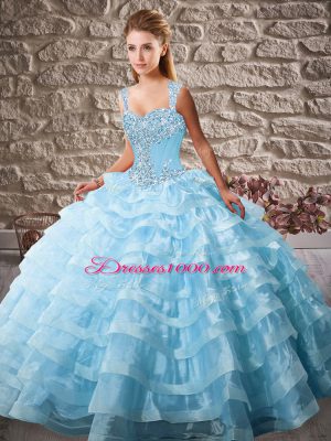 Blue Quince Ball Gowns Organza Court Train Sleeveless Beading and Ruffled Layers