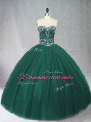 Floor Length Dark Green Vestidos de Quinceanera Tulle Sleeveless Beading