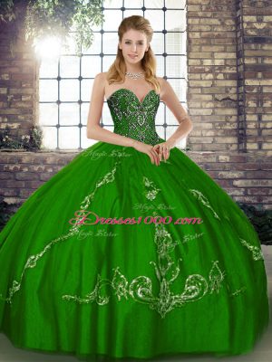 Green Sleeveless Floor Length Beading and Embroidery Lace Up Quinceanera Gown
