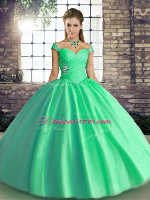 Custom Made Turquoise Off The Shoulder Lace Up Beading Quince Ball Gowns Sleeveless