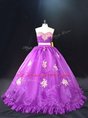 Purple Zipper Vestidos de Quinceanera Appliques Sleeveless Brush Train