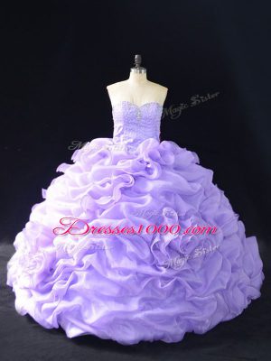 Glittering Lavender Sleeveless Beading and Pick Ups and Hand Made Flower Lace Up Quince Ball Gowns