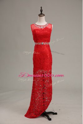 Red Column/Sheath Beading Evening Wear Zipper Lace Sleeveless Floor Length