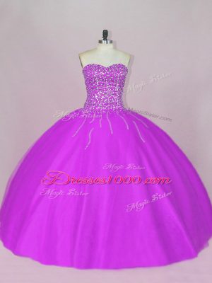 Modest Floor Length Purple Quince Ball Gowns Tulle Sleeveless Beading