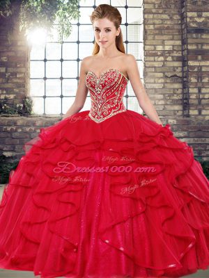 Sleeveless Lace Up Floor Length Beading and Ruffles Ball Gown Prom Dress