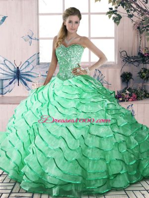 Sweetheart Sleeveless Brush Train Lace Up Ball Gown Prom Dress Apple Green Organza