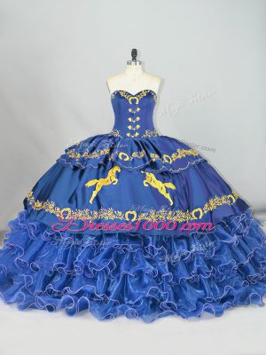 Sweetheart Sleeveless Satin and Organza 15 Quinceanera Dress Embroidery and Ruffled Layers Brush Train Lace Up