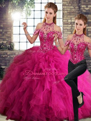 Fuchsia Sleeveless Beading and Ruffles Floor Length Sweet 16 Dresses