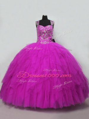 Cheap Fuchsia Sleeveless Beading and Ruffles Floor Length Sweet 16 Quinceanera Dress