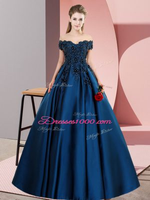 Popular Sleeveless Satin Floor Length Zipper Quinceanera Gowns in Navy Blue with Lace