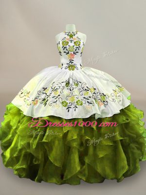 Customized Olive Green Organza Side Zipper Halter Top Sleeveless Floor Length 15 Quinceanera Dress Embroidery and Ruffles
