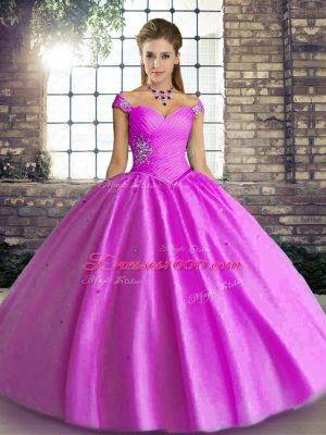 Sleeveless Floor Length Beading Lace Up Quinceanera Dresses with Lilac