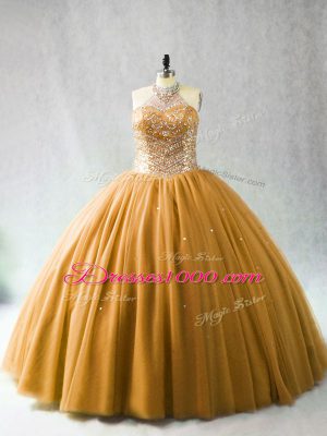 Sumptuous Gold Sleeveless Beading Lace Up Sweet 16 Dresses