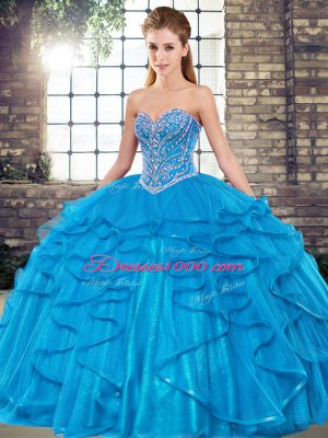 Custom Designed Floor Length Blue Sweet 16 Dress Tulle Sleeveless Beading and Ruffles