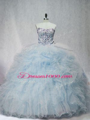 Sweetheart Sleeveless Sweet 16 Quinceanera Dress Brush Train Beading and Ruffles Light Blue Tulle