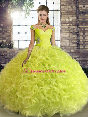 Yellow Green Ball Gowns Fabric With Rolling Flowers Off The Shoulder Sleeveless Beading Floor Length Lace Up Ball Gown Prom Dress