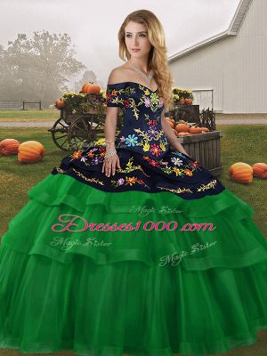 Excellent Green Off The Shoulder Neckline Embroidery and Ruffled Layers Quince Ball Gowns Sleeveless Lace Up