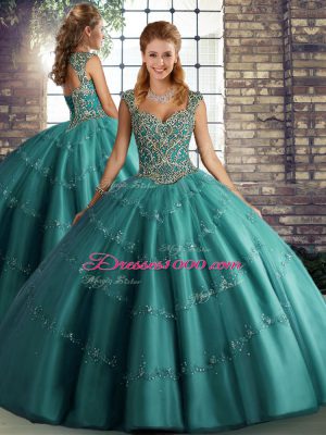 Sweet Floor Length Teal Quinceanera Dress Straps Sleeveless Lace Up
