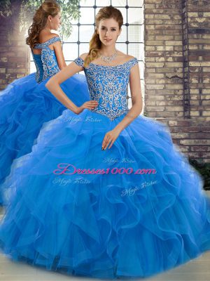 Blue Sleeveless Tulle Brush Train Lace Up Sweet 16 Quinceanera Dress for Military Ball and Sweet 16 and Quinceanera