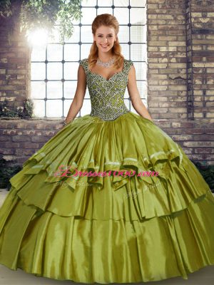 Olive Green 15th Birthday Dress Military Ball and Sweet 16 and Quinceanera with Beading and Ruffled Layers Straps Sleeveless Lace Up