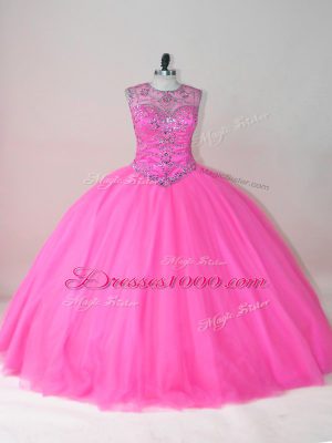 Exquisite Scoop Sleeveless Quinceanera Dress Floor Length Beading Rose Pink Tulle