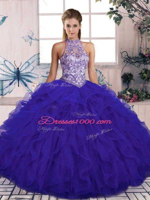 Sweet Tulle Halter Top Sleeveless Lace Up Beading and Ruffles 15th Birthday Dress in Purple