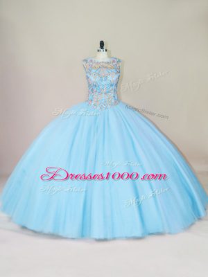 Admirable Blue Lace Up 15th Birthday Dress Beading Sleeveless Floor Length