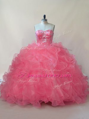 New Style Coral Red Sweetheart Lace Up Beading and Ruffles Sweet 16 Dress Sleeveless