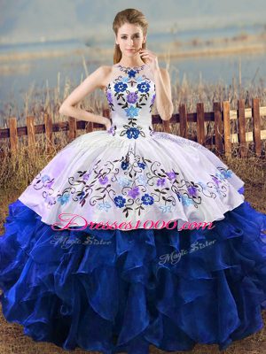 Attractive Blue And White Sleeveless Embroidery and Ruffles Floor Length Sweet 16 Quinceanera Dress