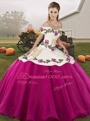 Fuchsia Ball Gowns Embroidery Quinceanera Gowns Lace Up Organza Sleeveless Floor Length