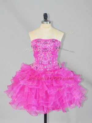 Flirting Fuchsia Organza Lace Up Strapless Sleeveless Mini Length Beading and Ruffles
