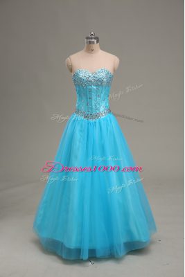 Aqua Blue Tulle Lace Up Sweetheart Sleeveless Floor Length Pageant Dress for Teens Beading
