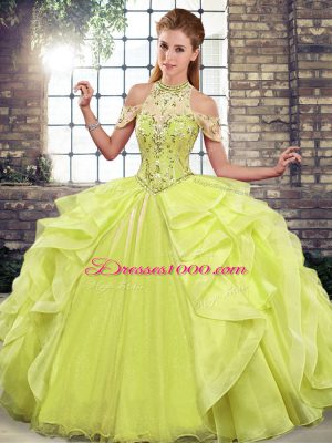 Customized Yellow Green Sleeveless Organza Lace Up 15 Quinceanera Dress for Military Ball and Sweet 16 and Quinceanera