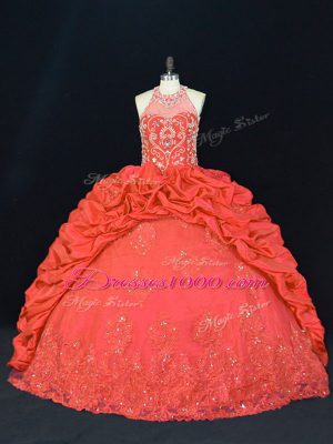 Modest Red Halter Top Lace Up Beading and Appliques and Embroidery Sweet 16 Quinceanera Dress Sleeveless