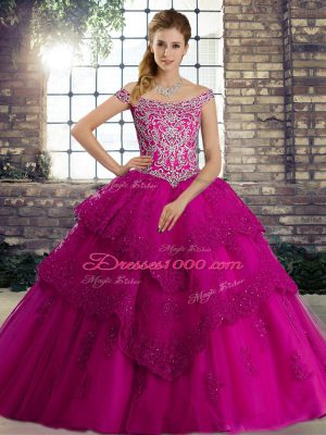 Sleeveless Beading and Lace Lace Up Quinceanera Dresses with Fuchsia Brush Train