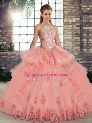 Cute Floor Length Ball Gowns Sleeveless Watermelon Red 15 Quinceanera Dress Lace Up