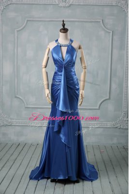 Blue Halter Top Criss Cross Beading and Ruching Brush Train Sleeveless